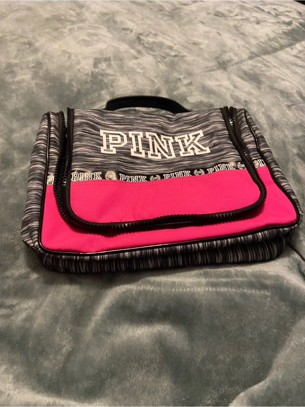 Victoria's Secret PINK Gray Striped and Hot Pink Travel Cosmetic Case